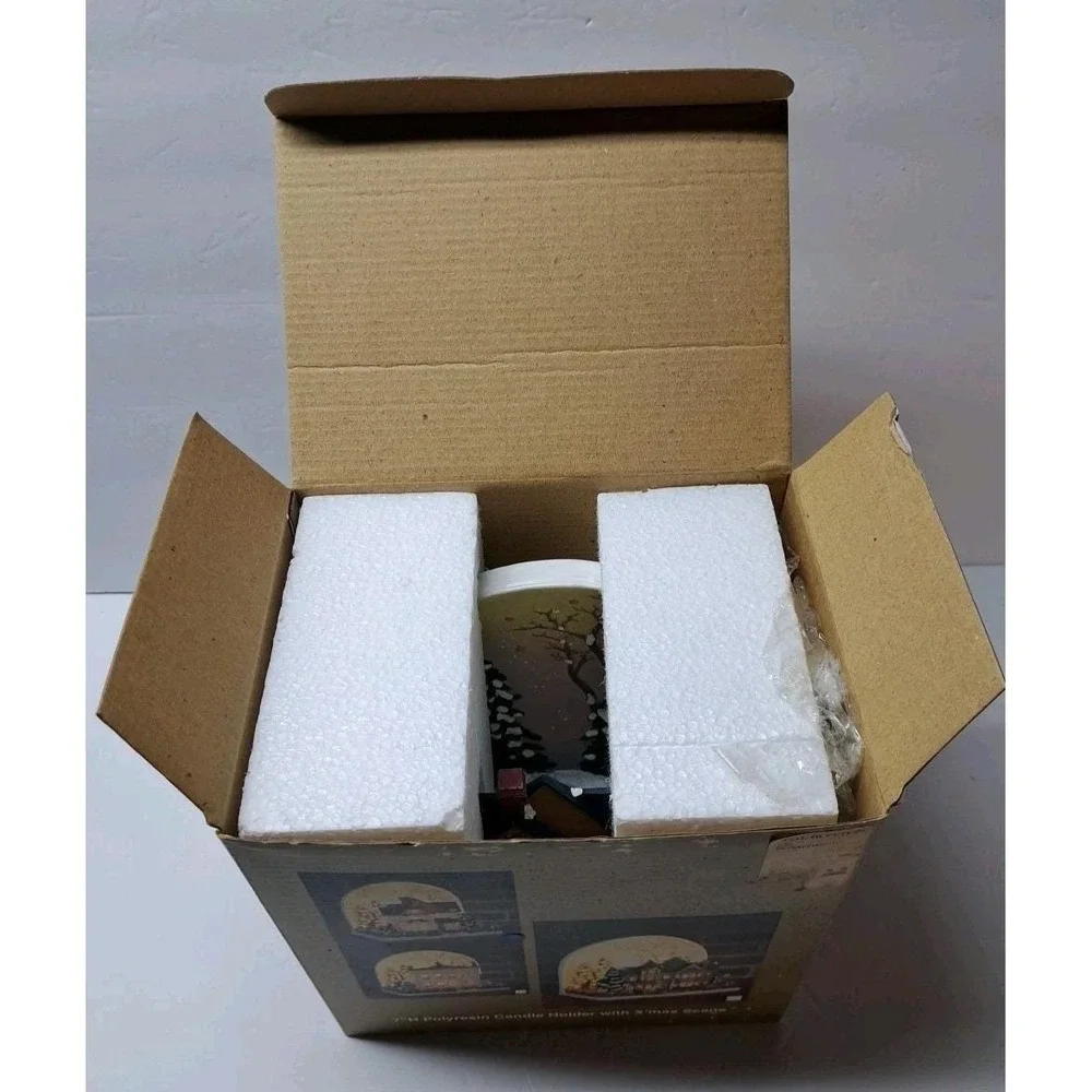 Poly Resin Candle Holder Christmas Scene Holiday Decor Original Box The Bon-Ton